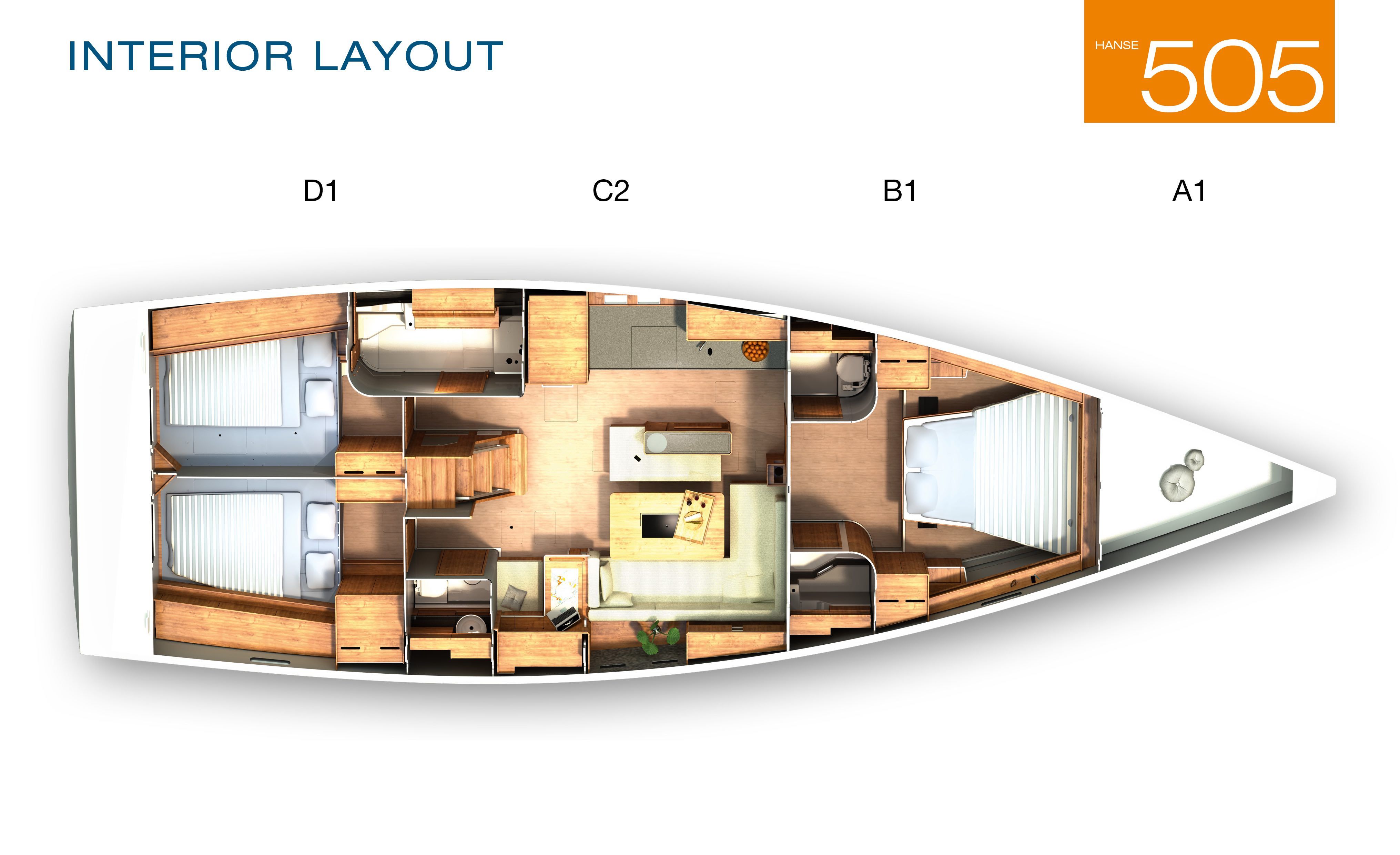 Das Kajütenlayout der Maverick. mit dem zweiten Nassraum beim Niedergang und einem "Werkstattraum" an Backbord.