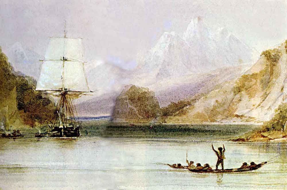 Darwins Beagle beid er Erkundung des nach ihr benannten Kanals in Feuerland, an de rSüdspitze des amerikanischen Kontinents., dargestellt auf einem Gemälde von Conrad Martens
