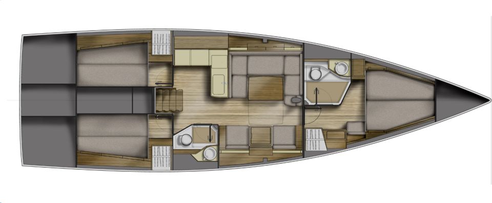 Das Dreikajütenlayout, das auf der Azuree 46 Standard ist.