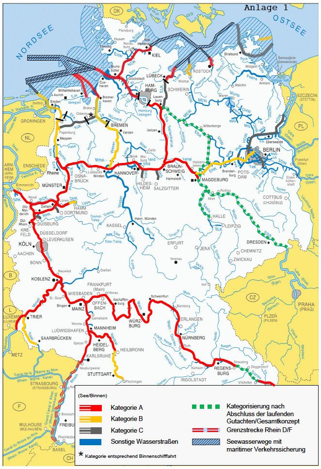Kategorisierung der Wasserstraßen des Bundes nach der Reform der Wasser- und Schifffahrtsverwaltung. Vorrangig soll in den Erhalt des Kernnetzes (Wasserstraßen der Kategorien "A" bis "C") investiert werden. Das "Blaue Band" besteht aus den 2.800 Kilometern "Nebenwasserstraßen", also allem, was in der Darstellung blau markiert ist.