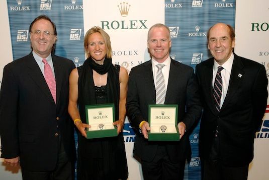2008-rolex-y-of-y-winners-by-dan-nerney Anna Tunnicliffe and Terry Hutchinson receive Rolex Yachtswoman and Yachtsman of the Year honors at the New York Yacht Club, accompanied by Peter Nicholson (left) of Rolex and Charlie Leighton of US SAILING (right). Dan Nerney photo