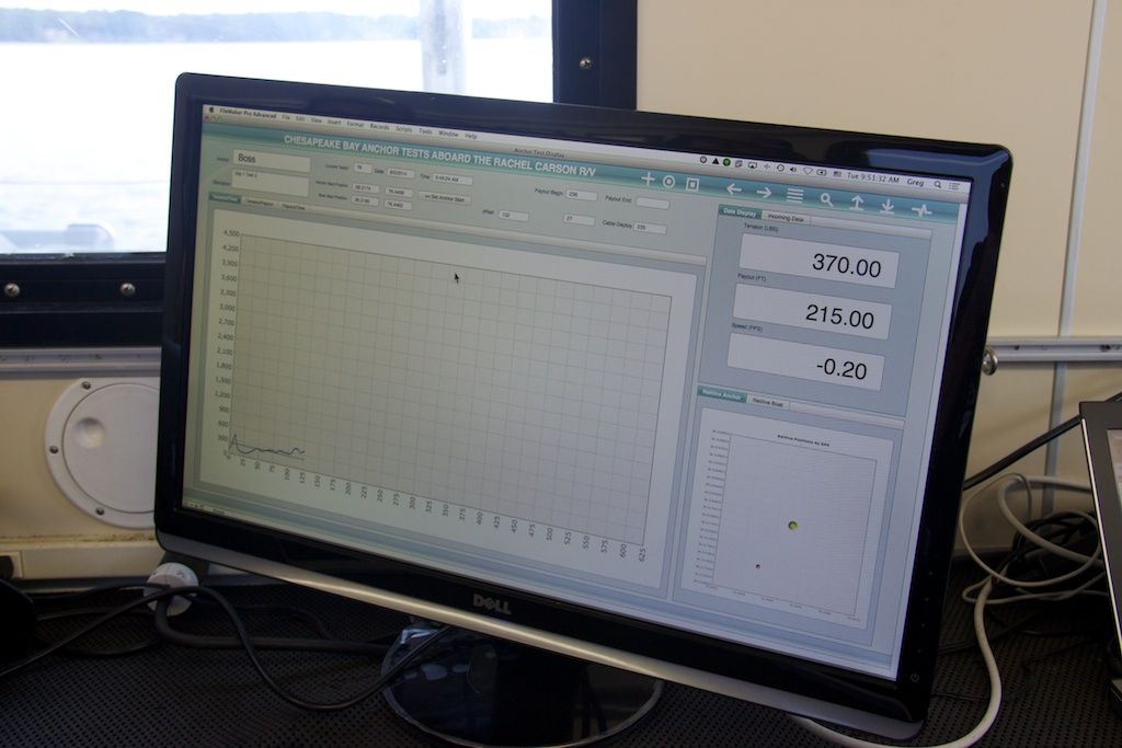 Monitors aboard displayed live results as the pull tests were being conducted. The top number in the upper-right corner of this image shows 370 pounds of wire tension being exerted on a Manson "Boss" anchor.