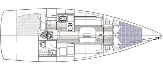 dufour-36-plan1 The interior plan is traditional and linear, with doubles fore and aft and a centerline table in the saloon.