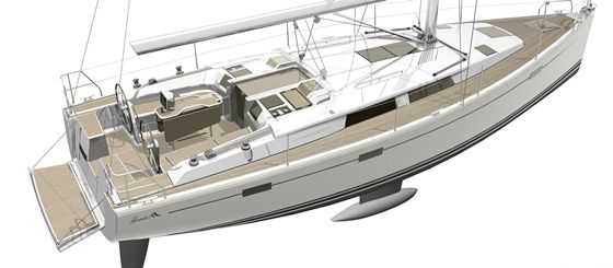 hanse-415 The new Hanse 415 features a large cockpit, low coachroof, and a T-shaped keel. Control lines are tucked under the deck.