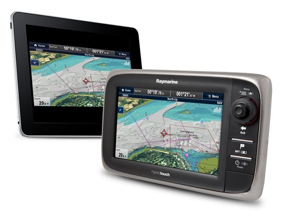 raymarine-e7-ipad-sync Raymarine's e7 systems, one of which is shown here synced with an iPad, are among the smart units that can exchange information with mobile devices.