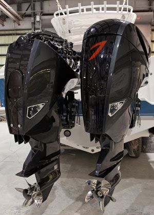 Ready to roar: Twin 557's on the back of Intrepid's 370 Cuddy