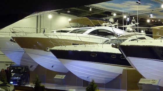 targa-58-9188 The new Targa 58 Grand Turismo (gold hull) lines up with other models by Fairline at the London International Boat Show.