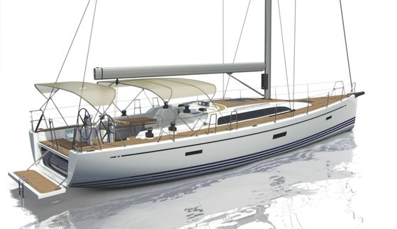 x-yachts-xp50 X-Yachts is offering the new 50 with a double bimini and a small dodger. The swim platform doubles as a stern hatch for dinghy storage.