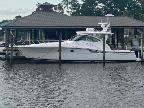 Tiara Yachts Open 2006 Tiara Yachts Open docked at marina, side view.