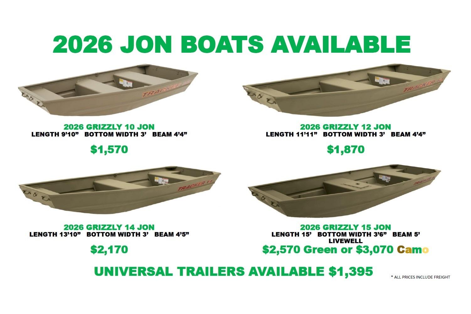 Tracker Grizzly 10 Jon 2026 Tracker Grizzly Jon boats lineup with prices and specifications displayed.