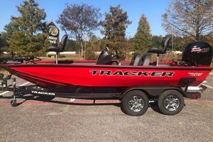 Tracker Pro Team 195 2026 Tracker Pro Team 195 boat in vibrant red, parked outdoors on a trailer.