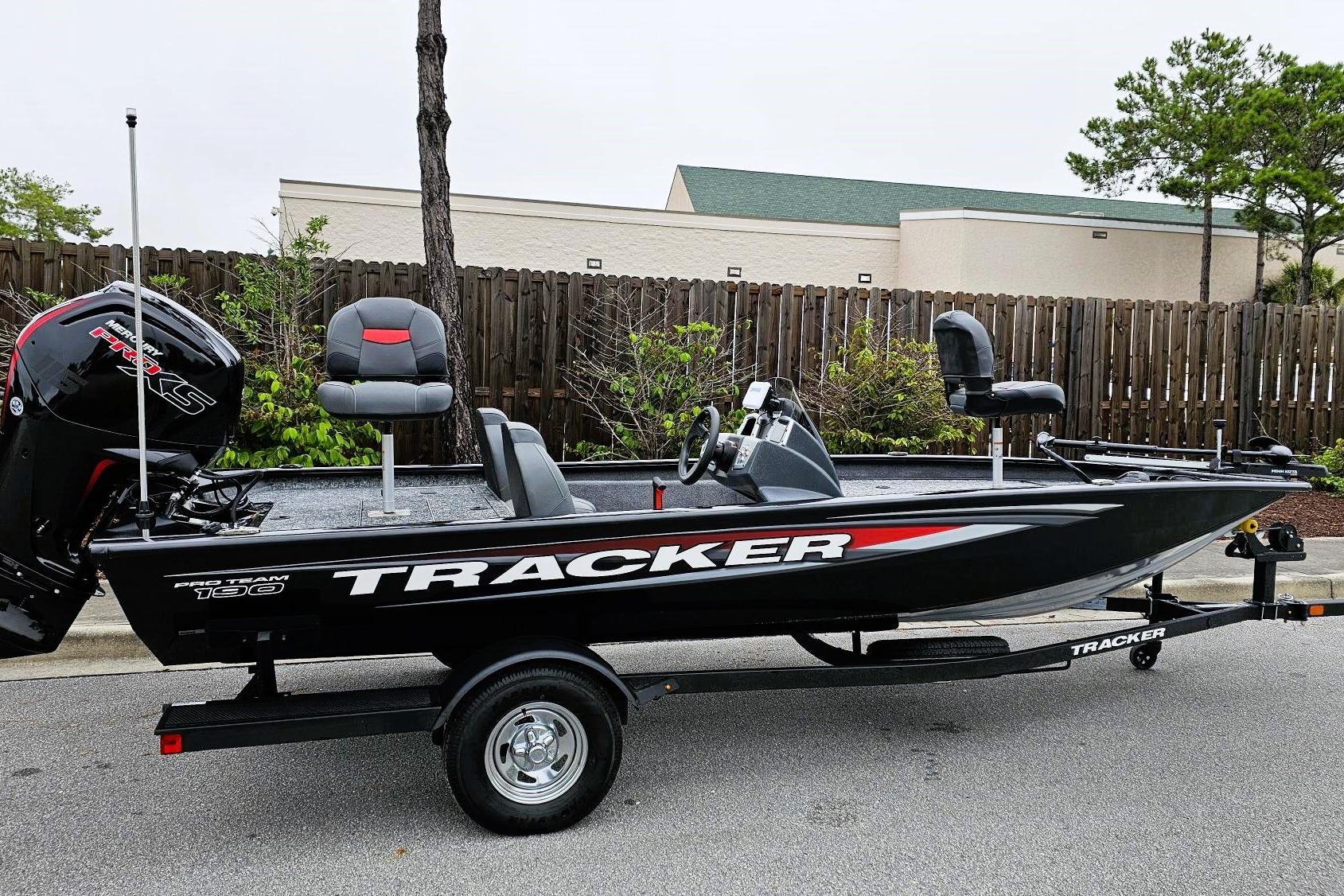Tracker Pro Team 190 2026 Tracker Pro Team 190 boat on trailer, black with red accents, parked outdoors.