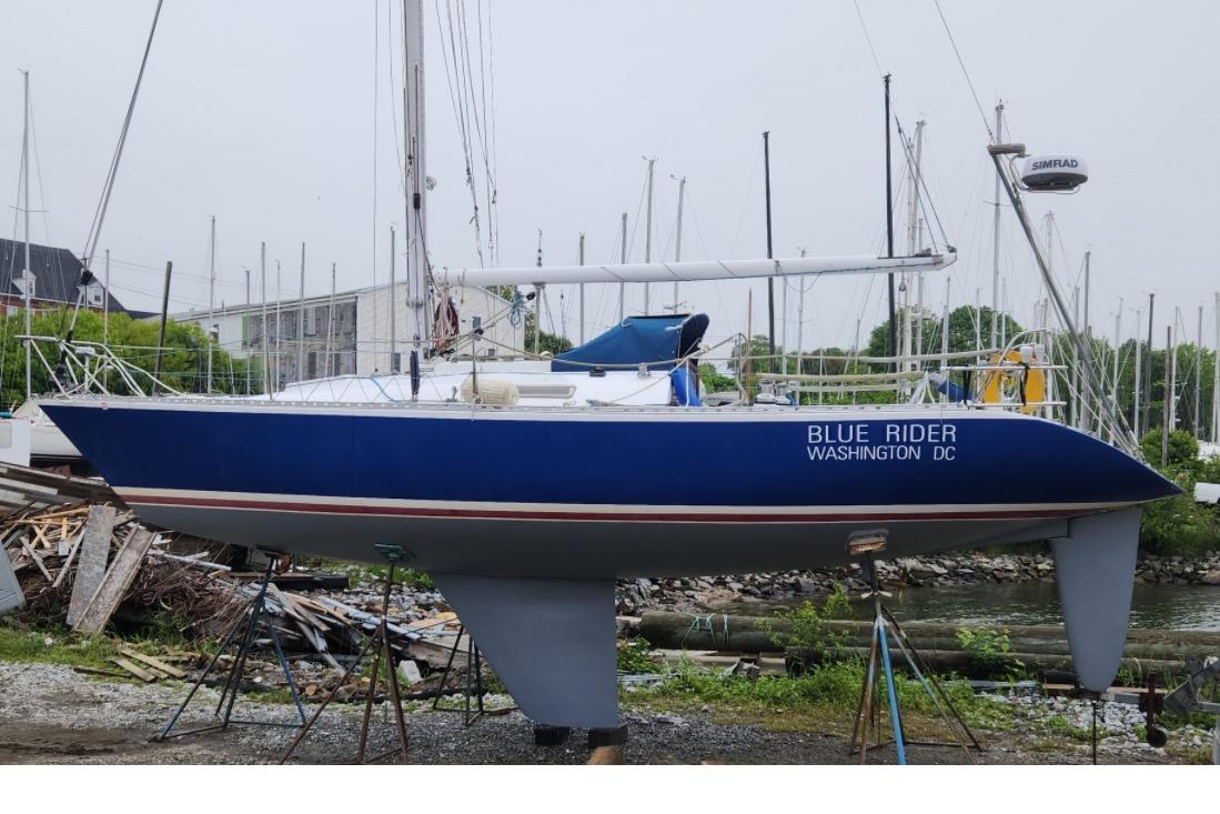 Custom Peacock 35 Blue sailboat "Blue Rider" on land, Peacock 35 model, 1984, Washington DC.