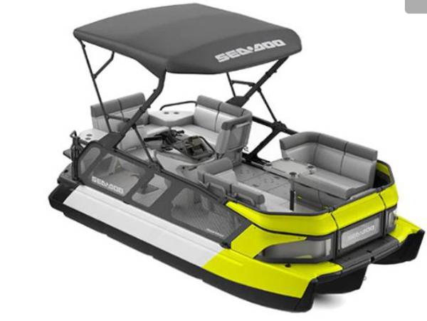 Sea-Doo Switch Cruise 18 2024 Sea-Doo Switch Cruise 18 pontoon boat with canopy and seating.