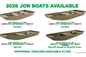 Tracker Grizzly 10 Jon 2026 Tracker Grizzly Jon boats lineup with prices and specifications displayed.