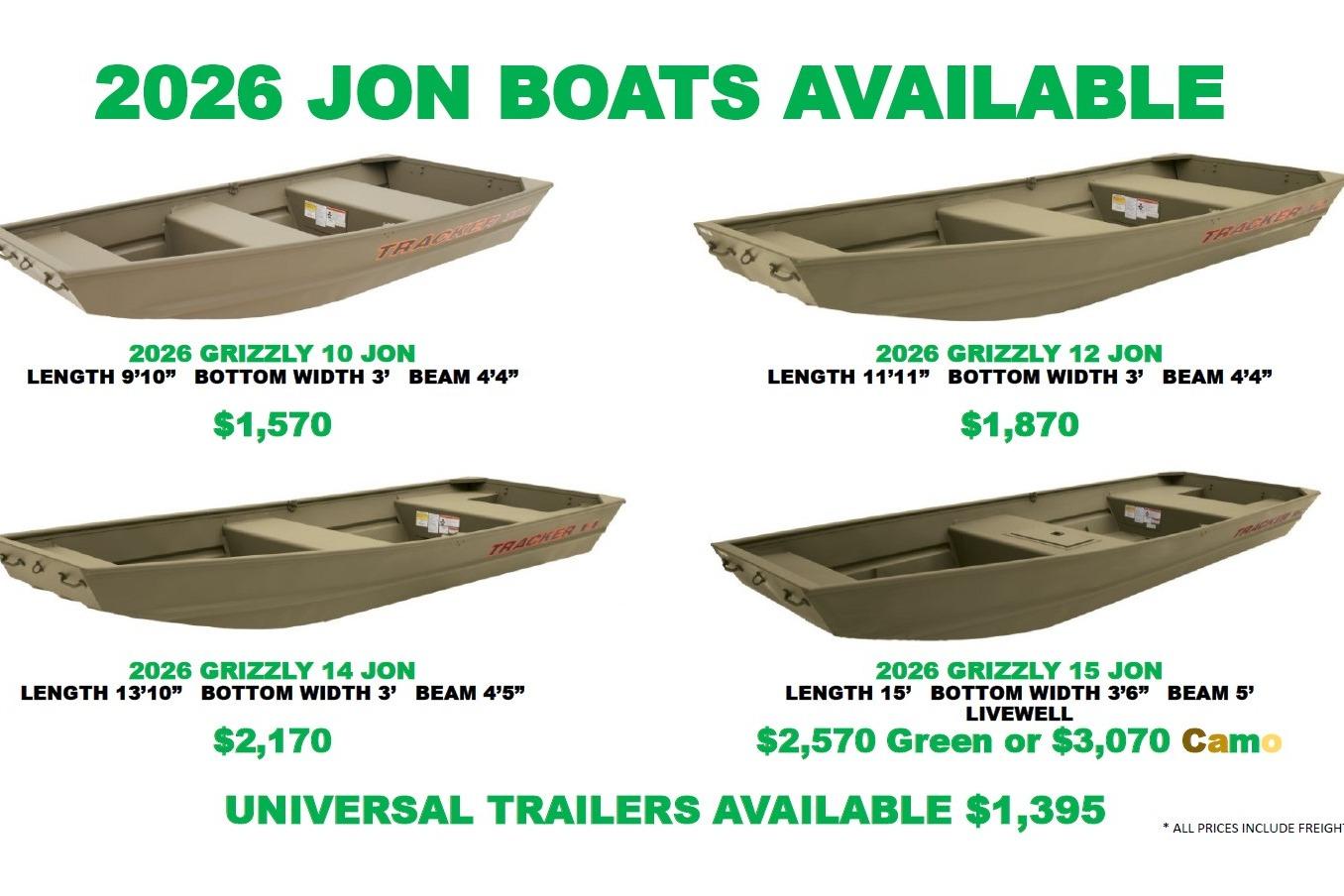 Tracker Grizzly 10 Jon 2026 Tracker Grizzly Jon boats lineup with prices and specifications displayed.
