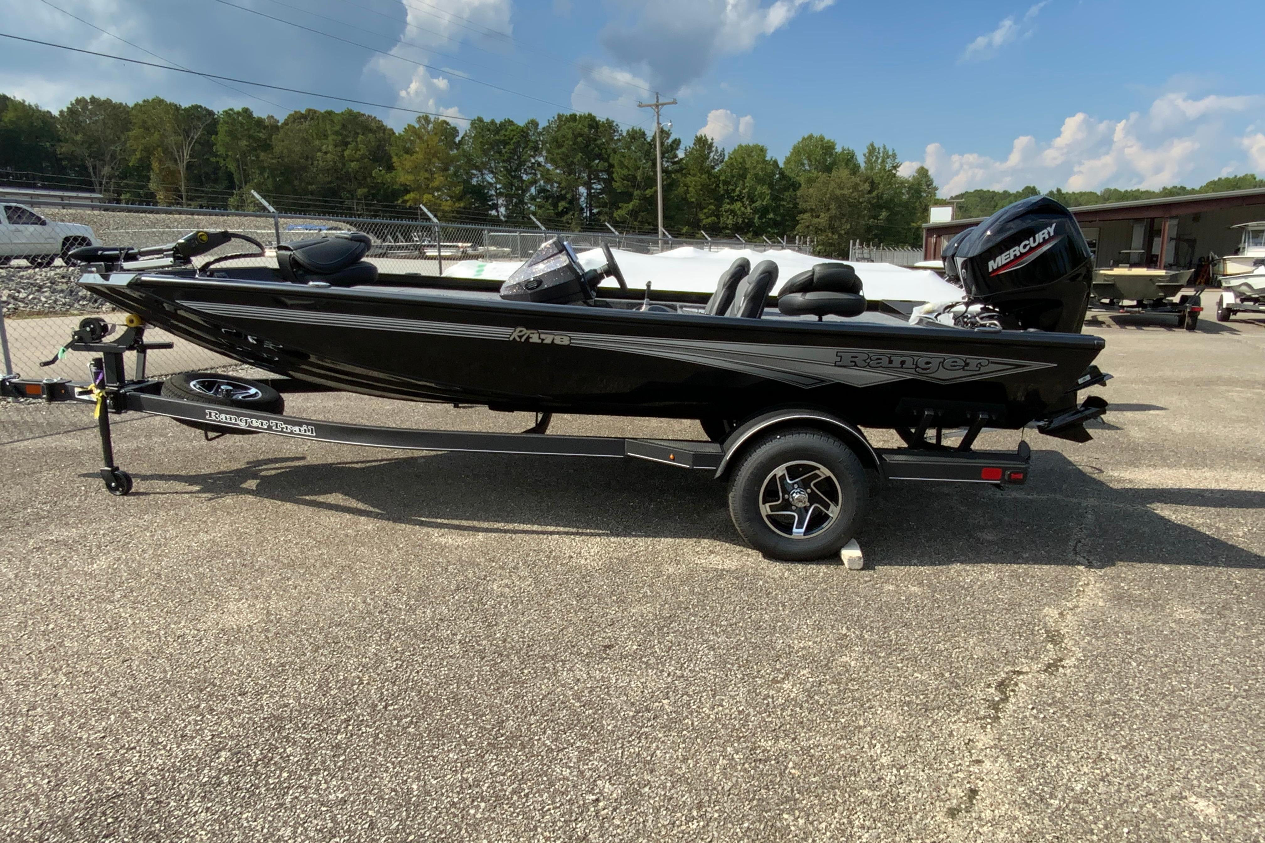 Ranger RT178 2026 Ranger RT178 boat on trailer, black exterior, parked outdoors under blue sky.
