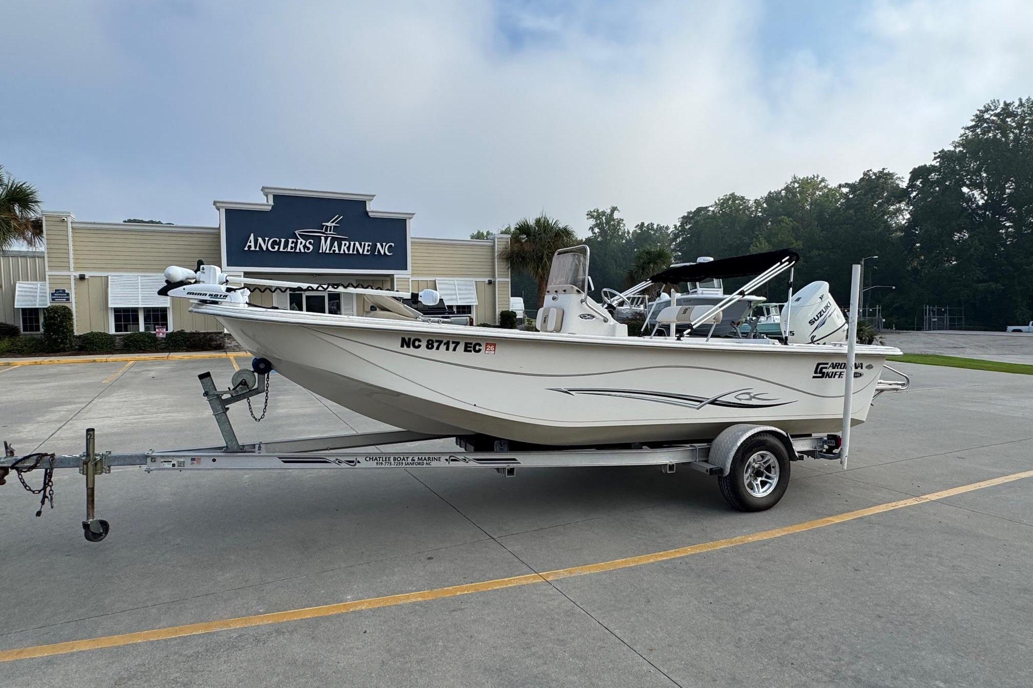Carolina Skiff 218 DLV 2016 Carolina Skiff 218 DLV boat on trailer at Anglers Marine NC.