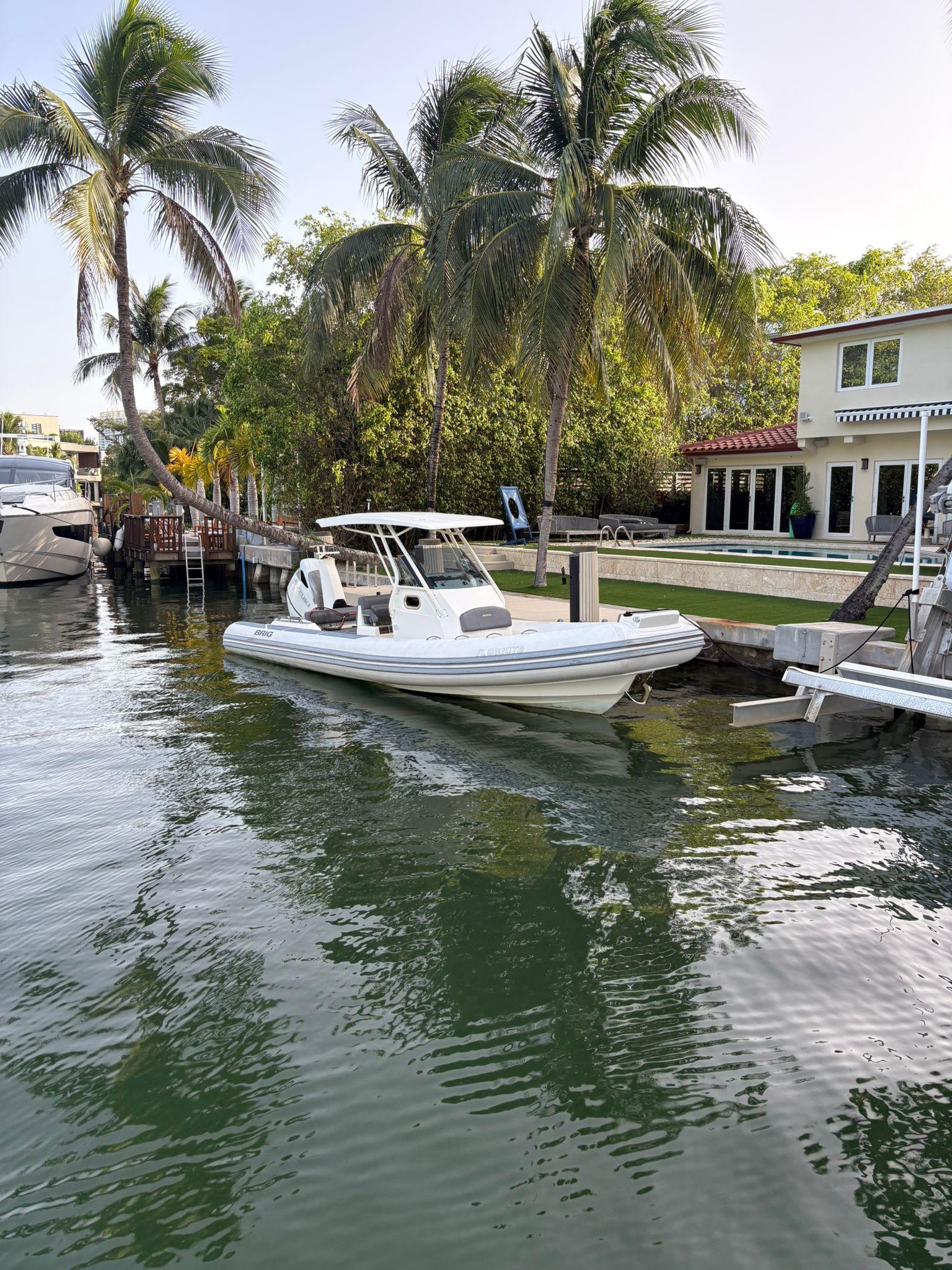 Brig 350 Merc 2021 Brig 350 Merc boat docked by palm trees and waterfront home.