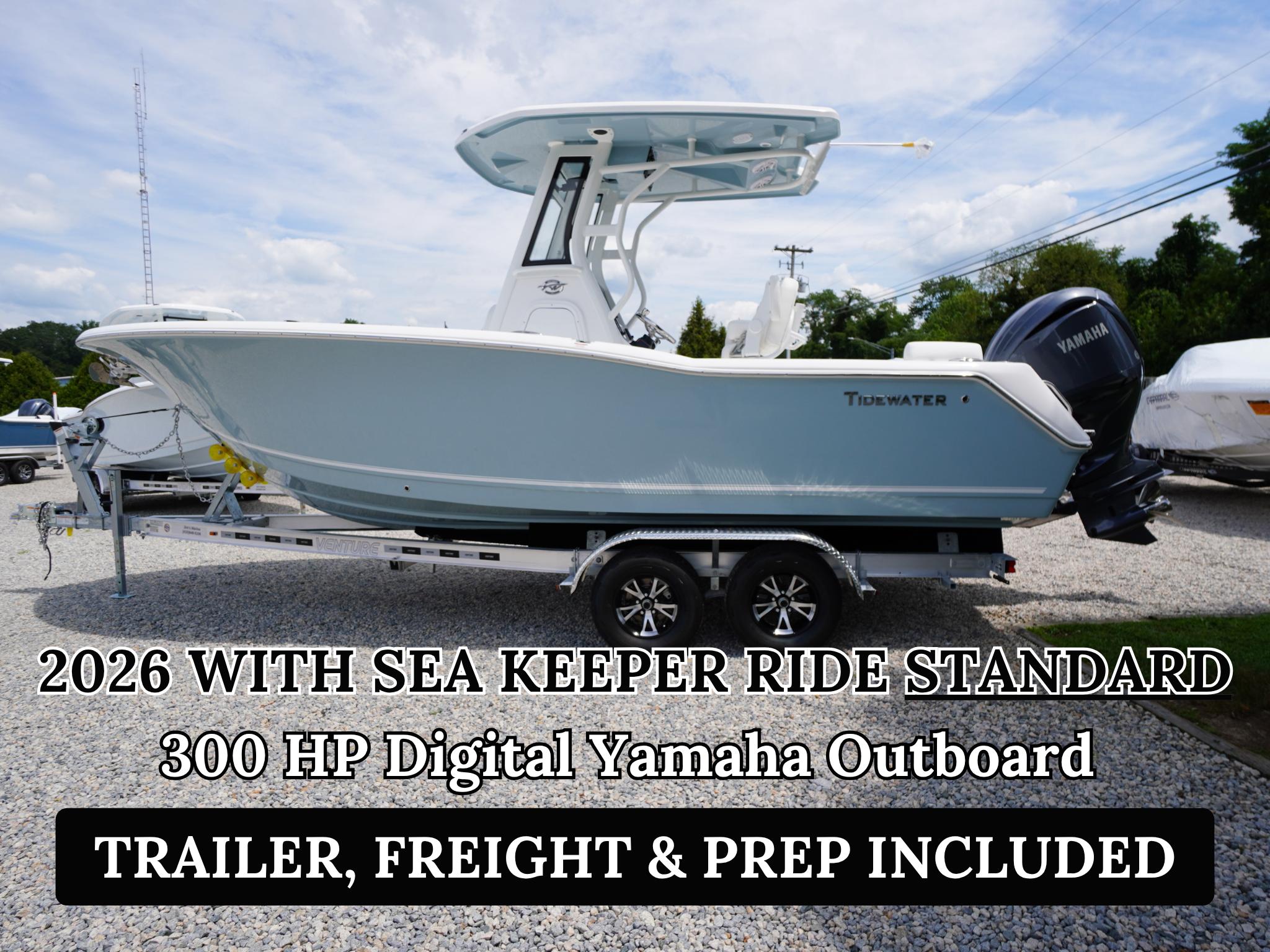 Tidewater 232 SS 2026 Tidewater 232 SS boat with Yamaha outboard on trailer, Sea Keeper Ride standard.