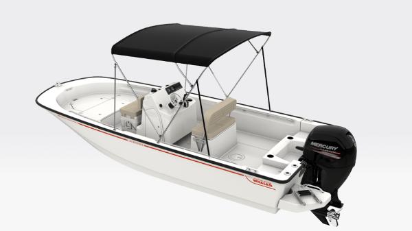 Boston Whaler 190 Montauk 2026 Boston Whaler 190 Montauk boat with canopy and Mercury outboard motor.