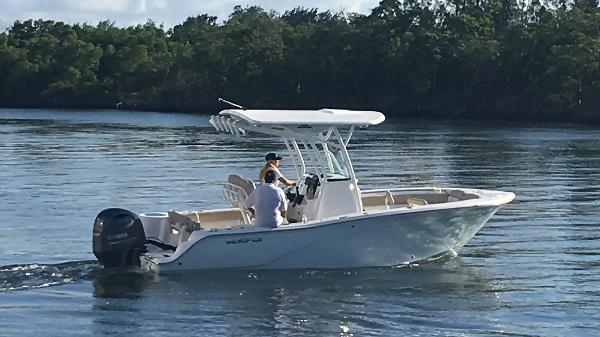 Sea Fox 226 Commander 2017 Sea Fox 226 Commander boat cruising on calm water near a forested shoreline.