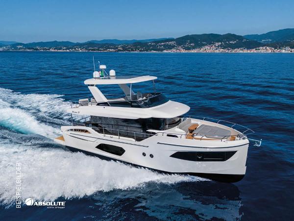 Absolute Navetta 53 2025 Absolute Navetta 53 yacht cruising on open sea with scenic coastal backdrop.