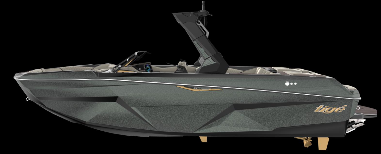 Tigé Z3 2026 Tigé Z3 boat, sleek design, side view, black background.