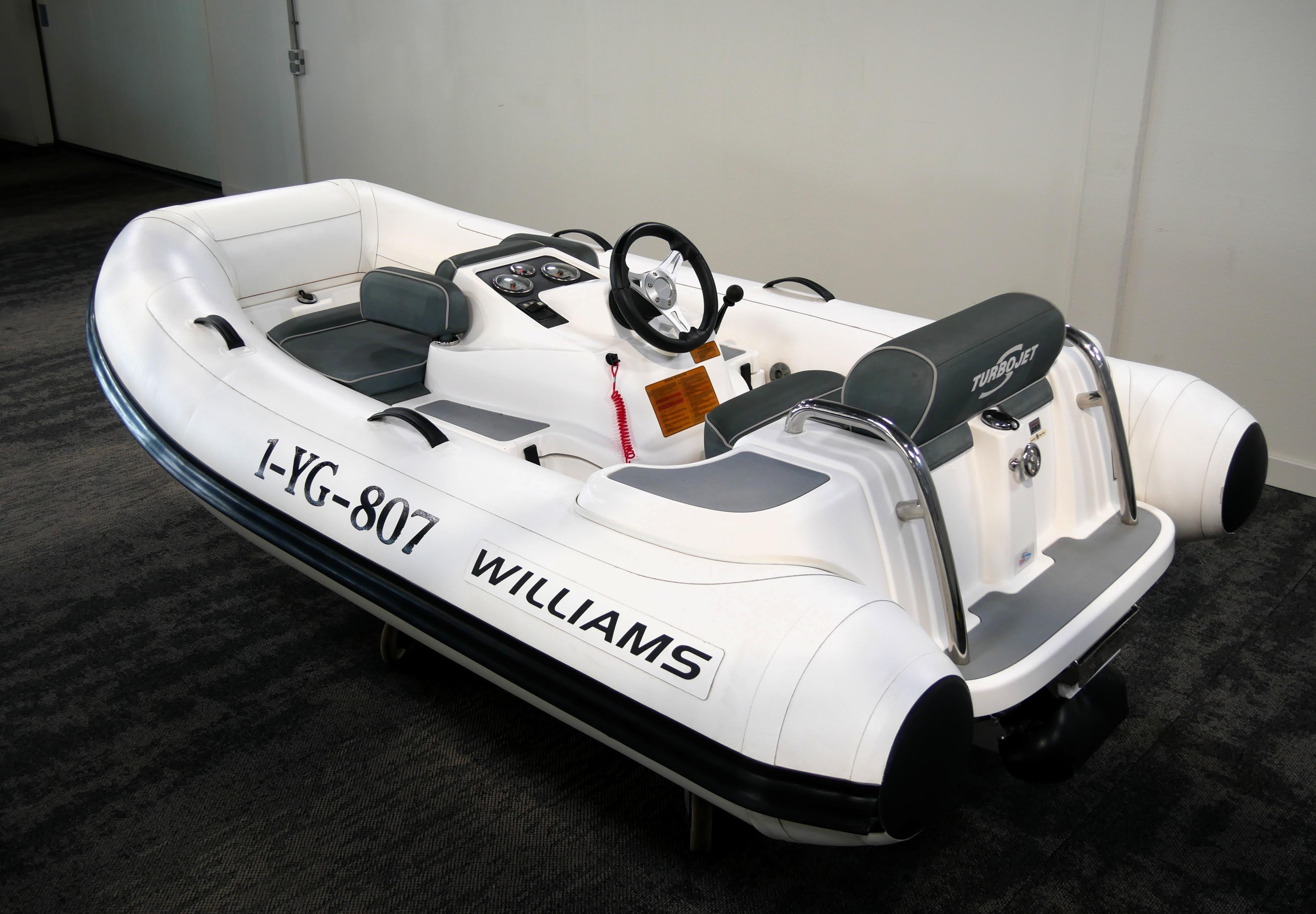 Williams Jet Tenders Turbojet 285 2014 Williams Jet Tenders Turbojet 285, white inflatable boat, indoor display.