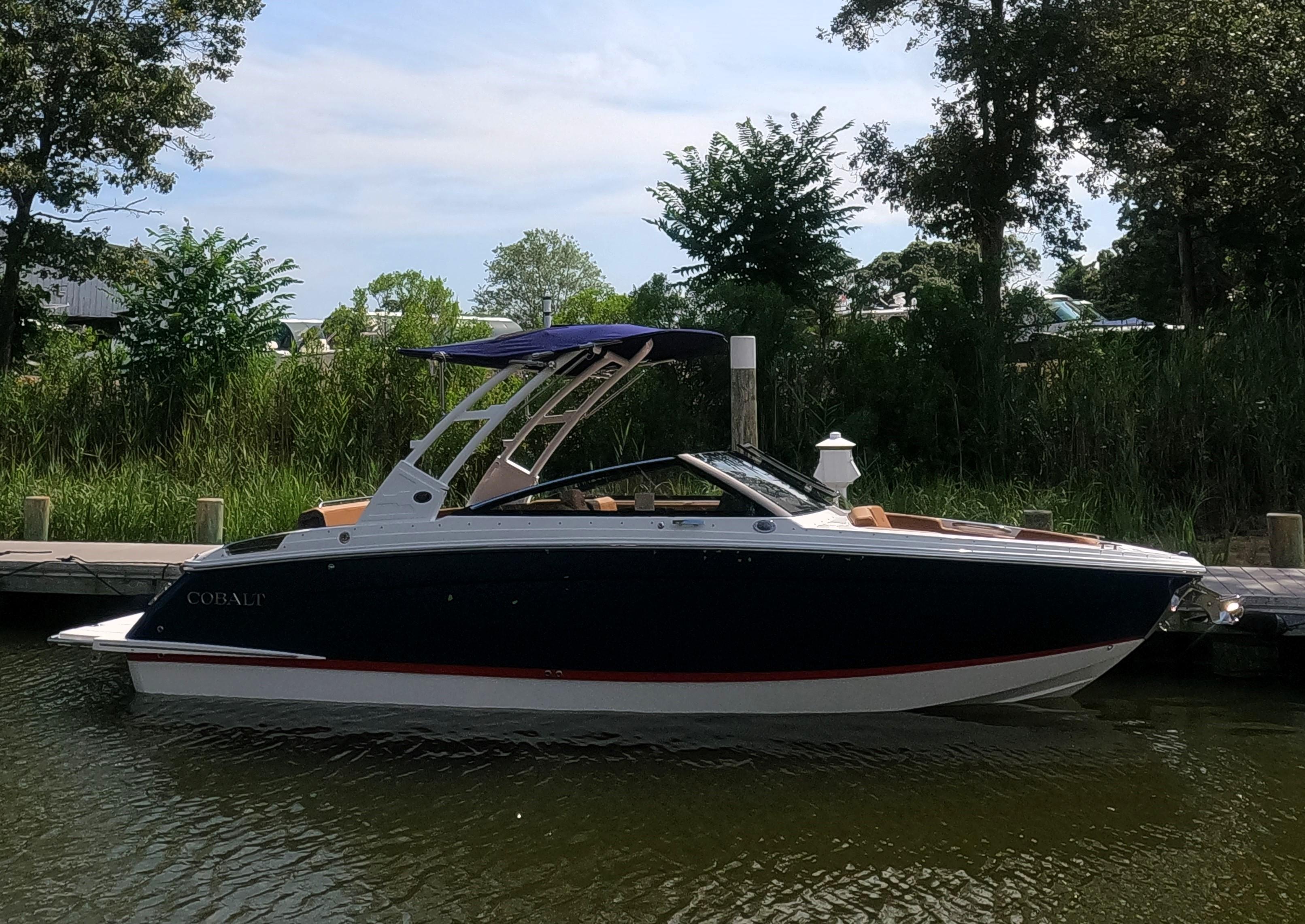 Cobalt R6 2026 Cobalt R6 boat docked by lush greenery and calm water.