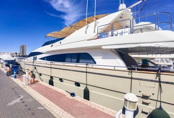 Astondoa 95 Luxurious 1997 Astondoa 95 yacht docked under clear blue sky.