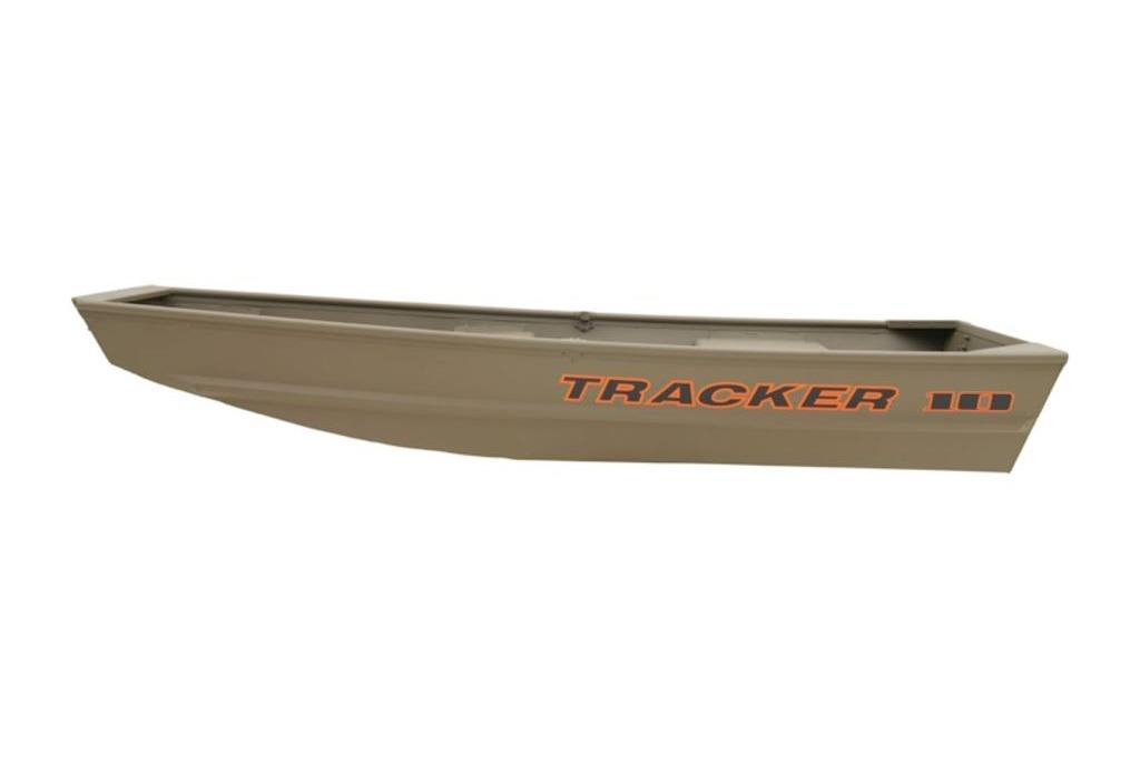 Tracker Grizzly 1036 Utility 2026 Tracker Grizzly 1036 Utility boat, side view, beige color with orange logo.