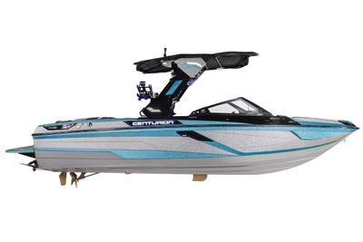 Centurion Ri245 2026 Centurion Ri245 boat, sleek design, blue and silver accents, side view. Boat
