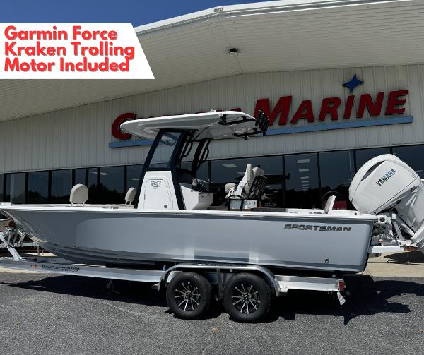 Sportsman Masters 247 Bay Boat 2025 Sportsman Masters 247 Bay Boat with Garmin Force Kraken Trolling Motor, displayed at dealership.