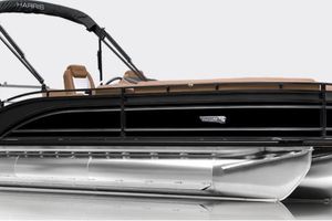Harris FloteBote Solstice 250 SL 2026 Harris FloteBote Solstice 250 SL pontoon boat, sleek black design with tan seating.