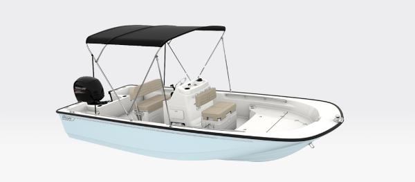 Boston Whaler 190 Montauk 2026 Boston Whaler 190 Montauk boat with canopy and seating, side view.