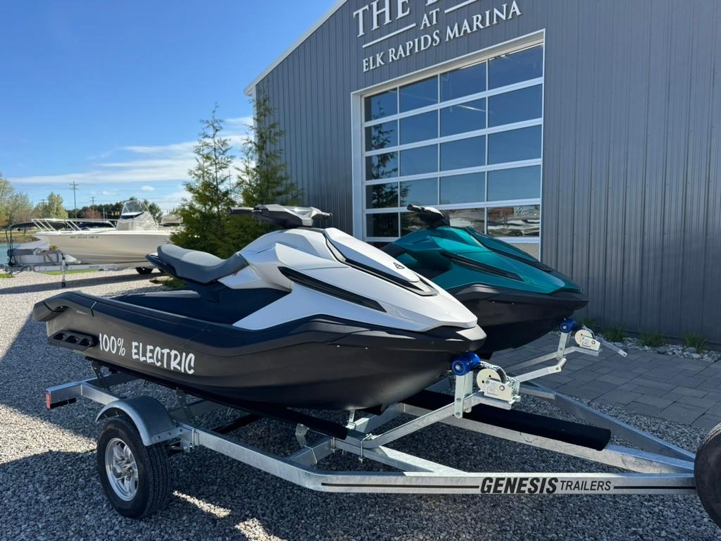 Taiga Orca 2024 Taiga Orca electric jet skis on trailer at Elk Rapids Marina.