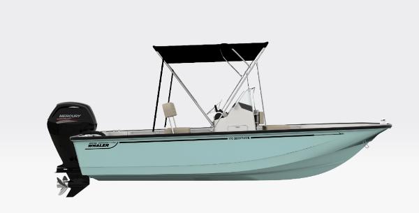 Boston Whaler 170 Montauk 2026 Boston Whaler 170 Montauk boat with canopy and outboard motor.
