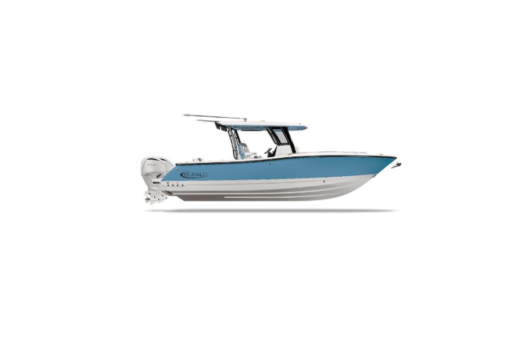 Robalo R300 Center Console 2026 Robalo R300 Center Console boat, side view, blue and white design.