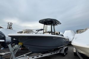 Tidewater 220 LXF 2026 Tidewater 220 LXF boat on trailer, parked outdoors under cloudy sky.