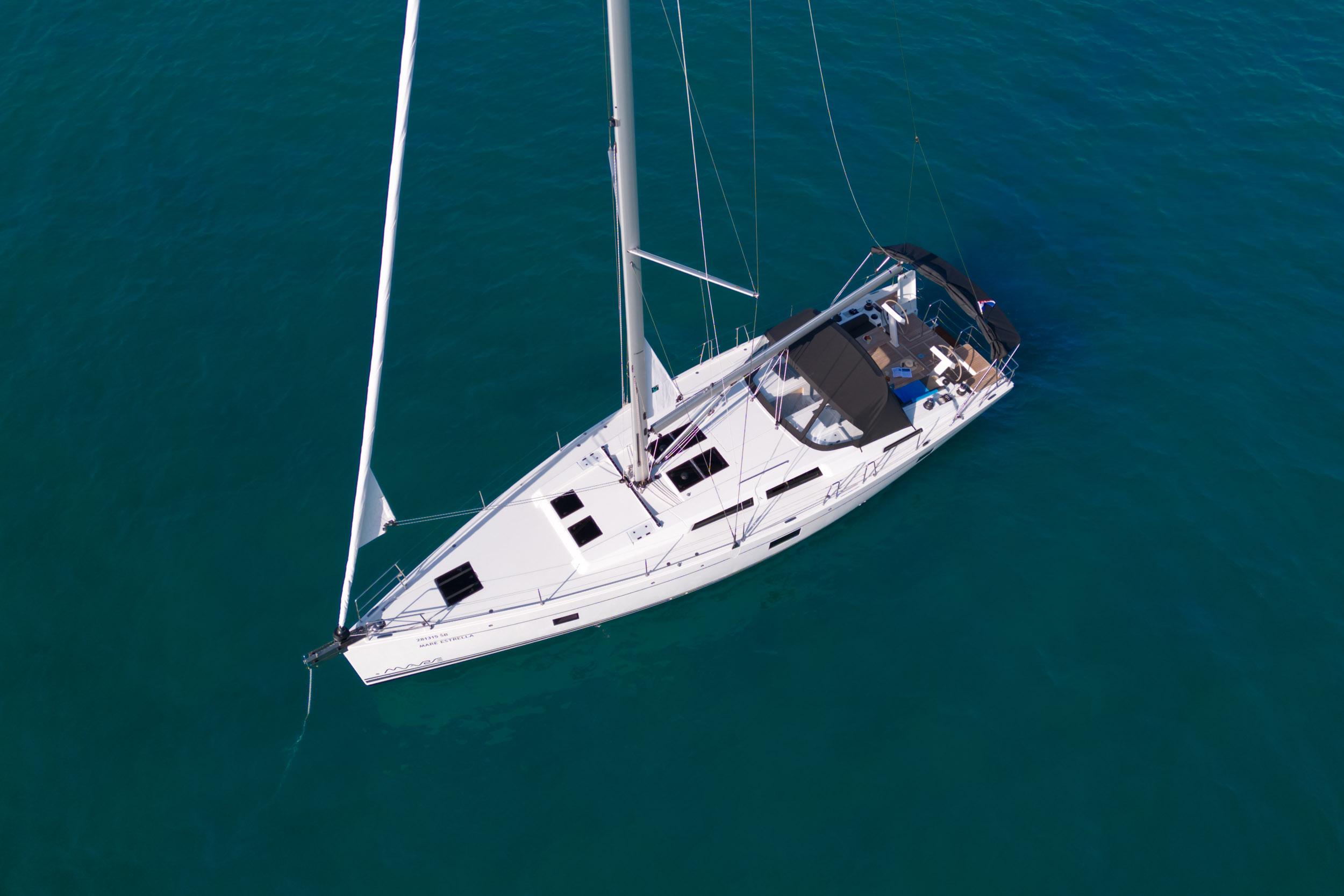 Hanse 508 Aerial view of 2023 Hanse 508 sailboat on clear blue water.