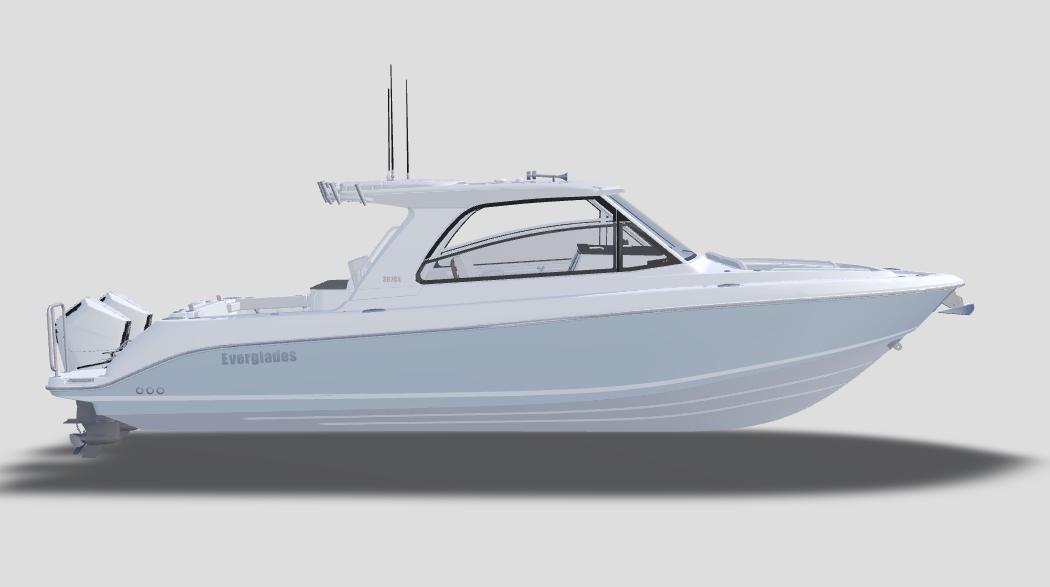 Everglades 367CX 2026 Everglades 367CX boat, sleek design, side view, white and light blue color scheme.