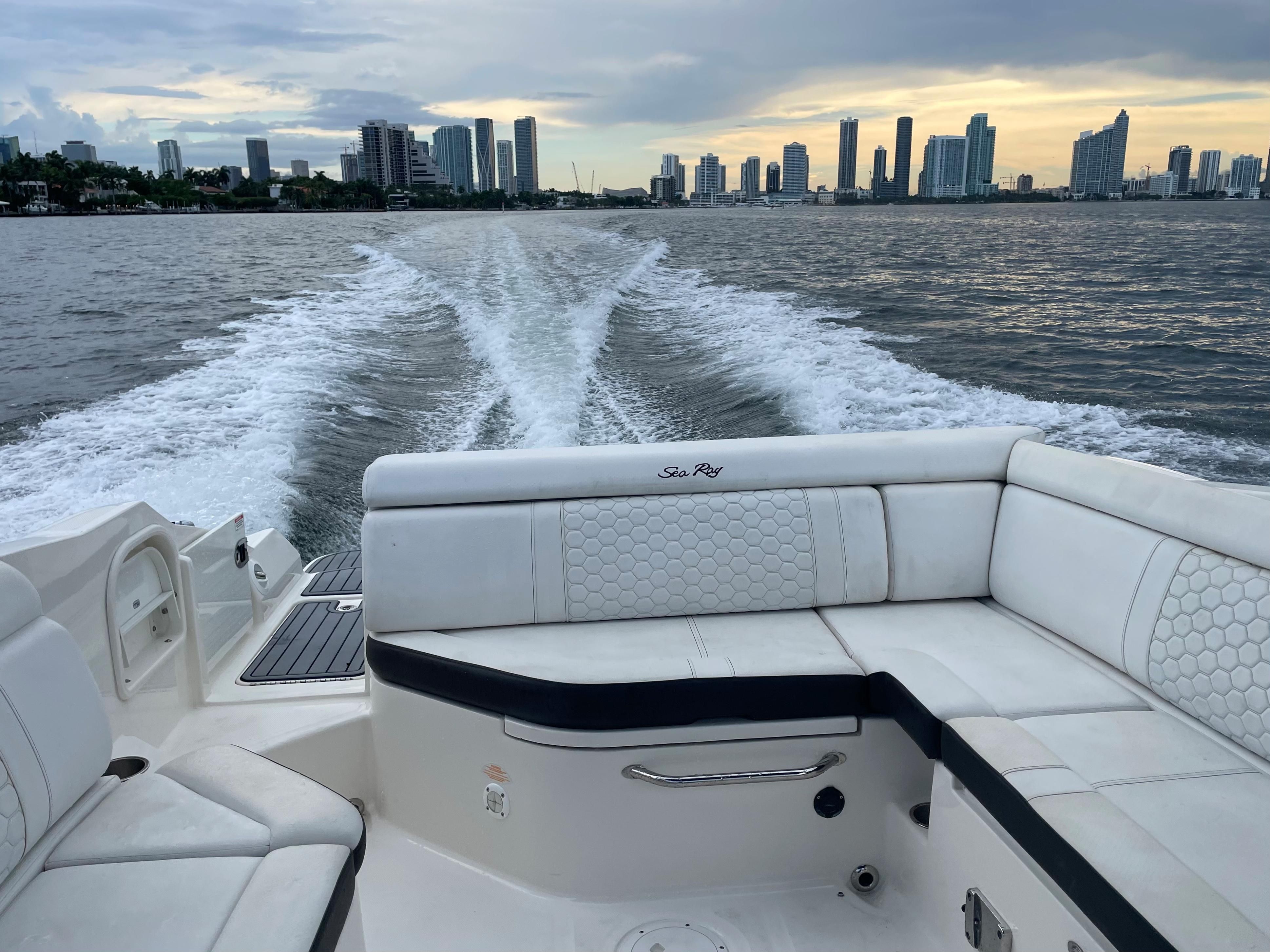 Sea Ray SDX 270 Sea Ray SDX 270 boat cruising with city skyline in the background, 2018 model.