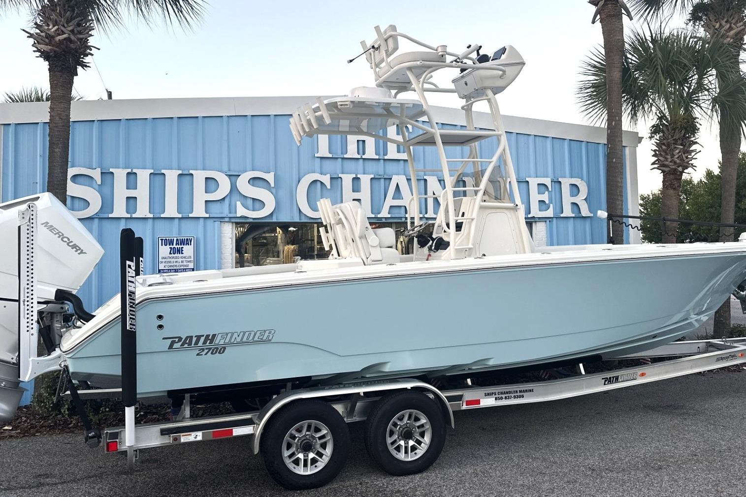 Pathfinder 2700 Open 2024 Pathfinder 2700 Open boat on trailer outside The Ships Chandler store.