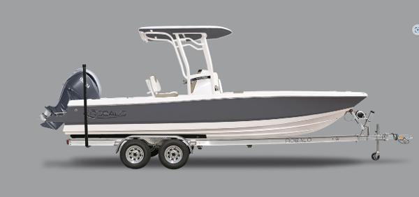 Robalo 246 Cayman 2024 Robalo 246 Cayman boat on trailer, side view, gray and white design.