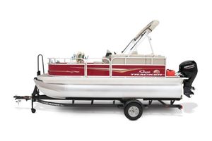 Sun Tracker Bass Buggy 16 XL Select 2024 Sun Tracker Bass Buggy® 16 XL Select pontoon boat on trailer, side view.