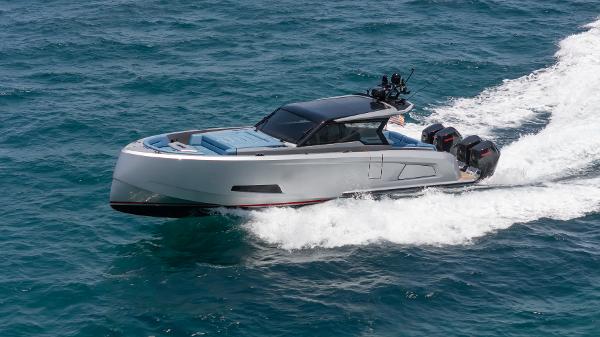 Vanquish Yachts VQ45 2023 Vanquish Yachts VQ45 cruising on open water, showcasing sleek design and powerful engines.