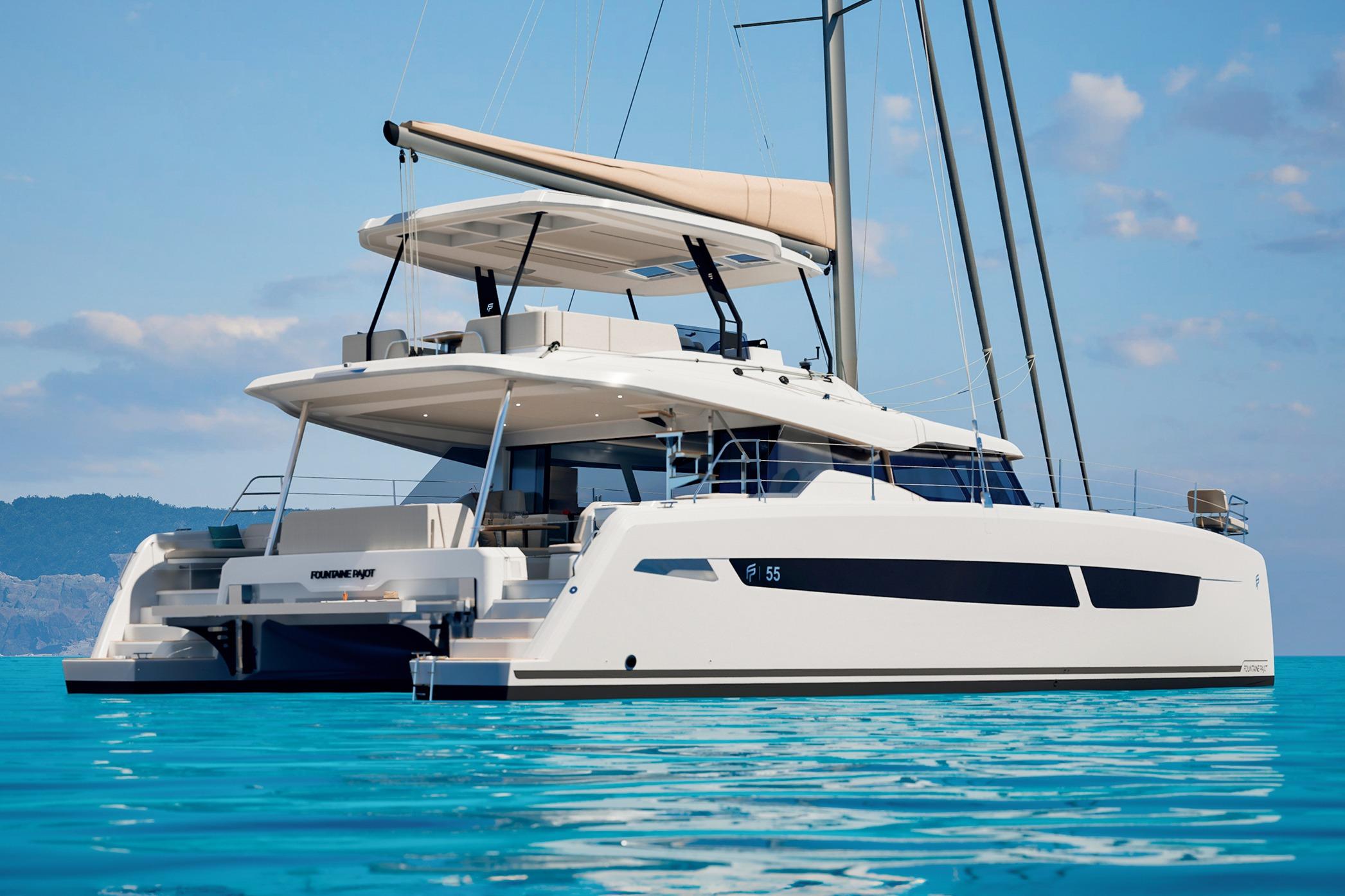 Fountaine Pajot 55 2026 Fountaine Pajot 55 catamaran sailing on clear blue waters.