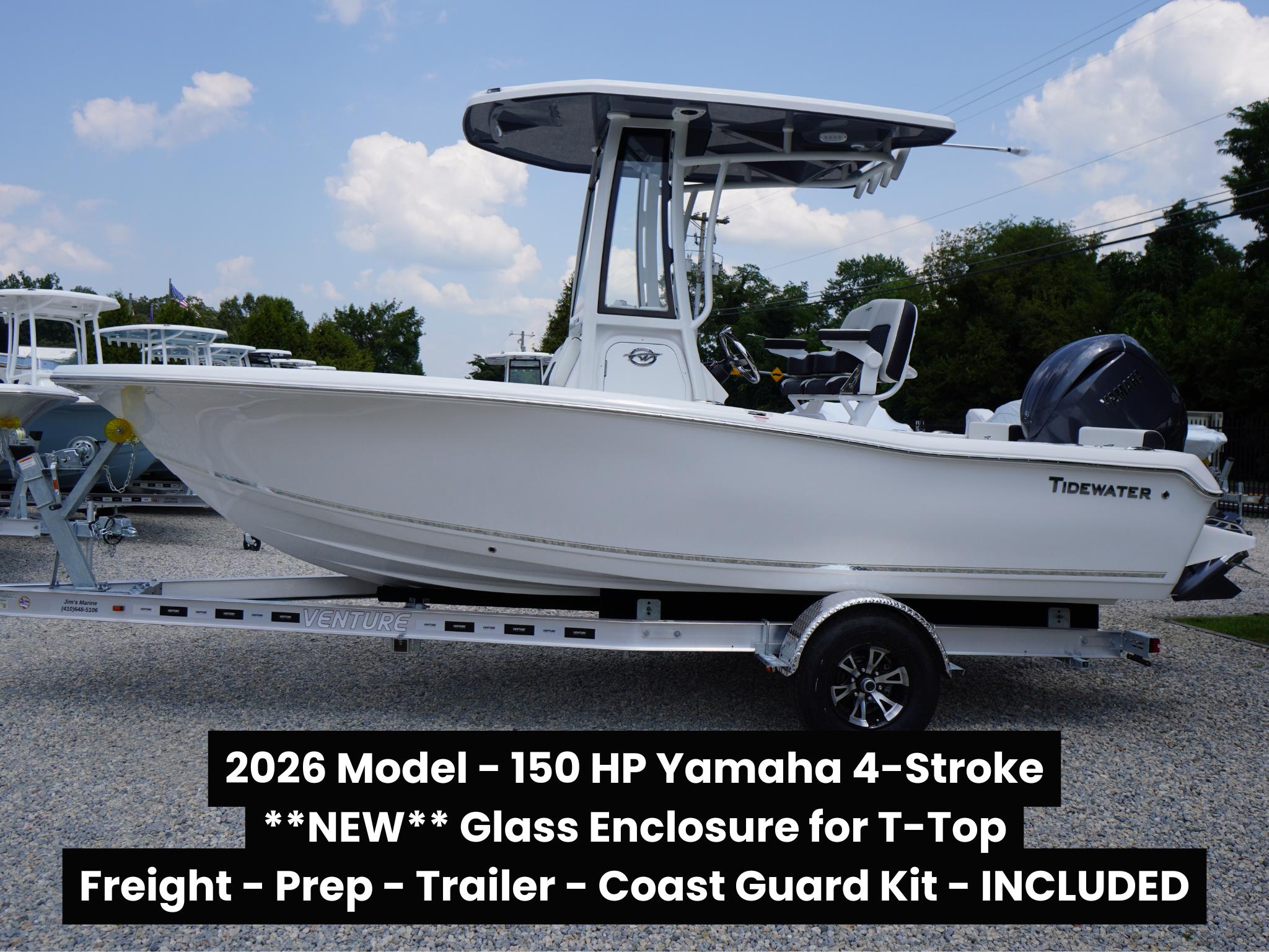 Tidewater 198 CC Adventure 2026 Tidewater 198 CC Adventure boat with Yamaha 150 HP, glass T-top, trailer included.
