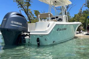 Sailfish 220 CC 2021 Sailfish 220 CC boat with Yamaha engine in shallow water near trees.